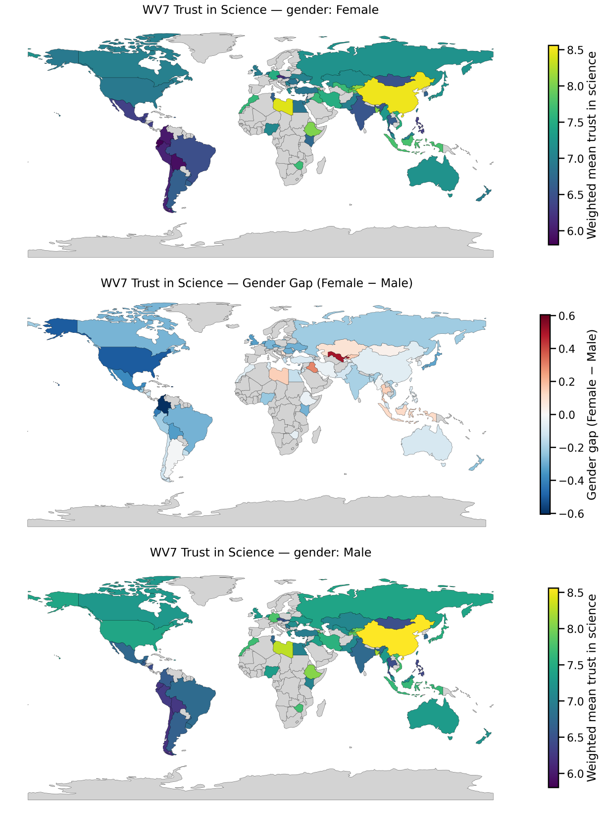 Trust in science by gender and gender gap map (female minus male)